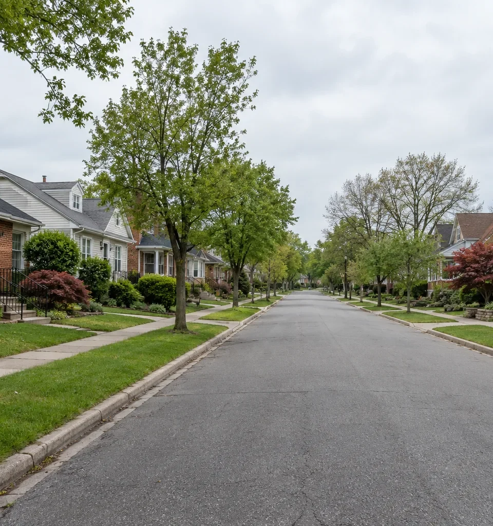 A residential street lined with a mix of newer and older houses
