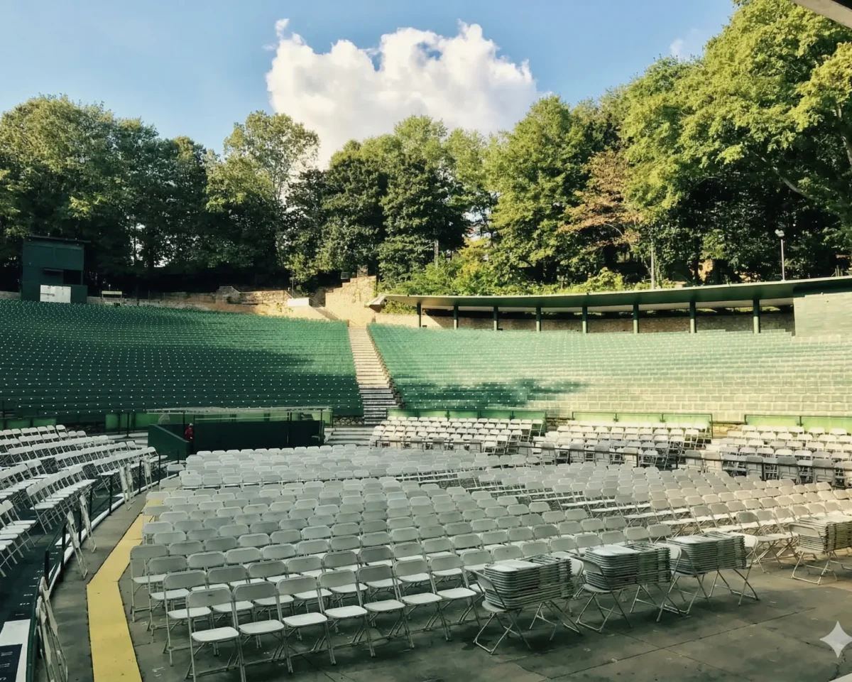 An outdoor amphitheatre with tiered lawn seating and rows of folding chairs