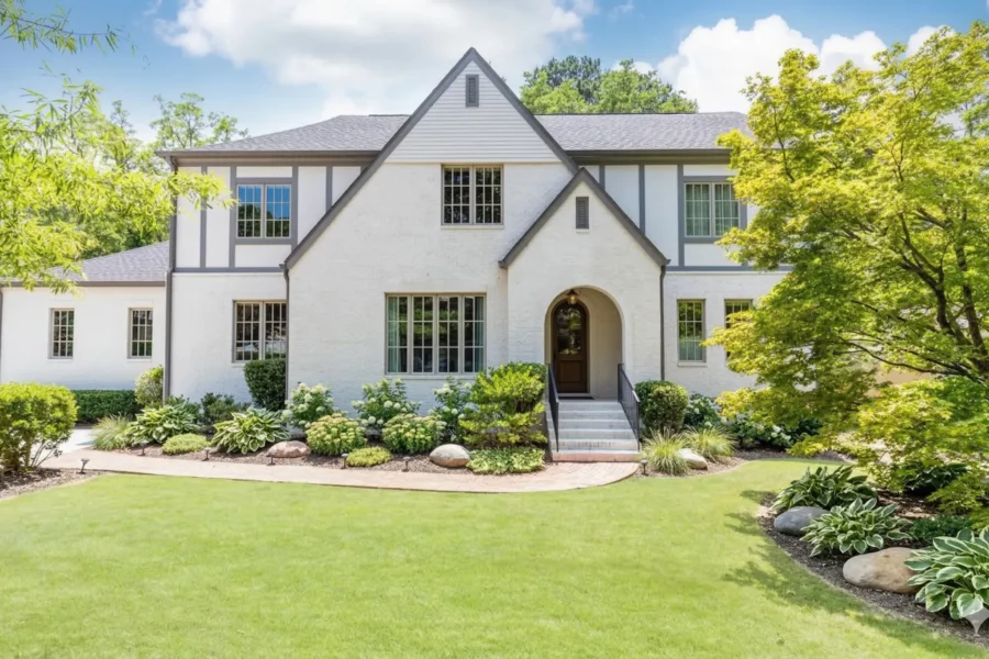 White painted-brick two-story with an arched entry and a broad lawn