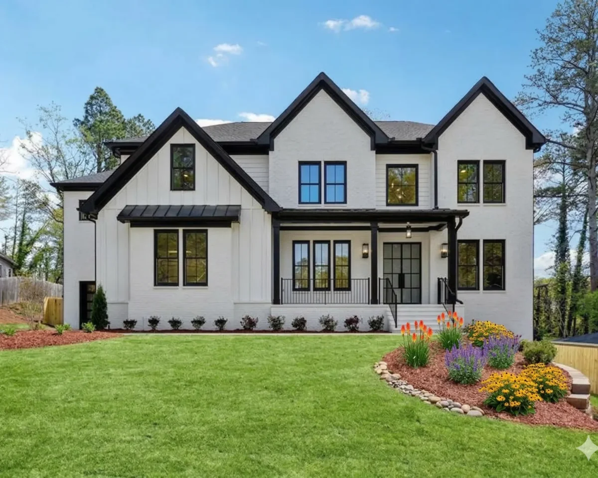 White painted-brick modern farmhouse with black windows and a clipped lawn