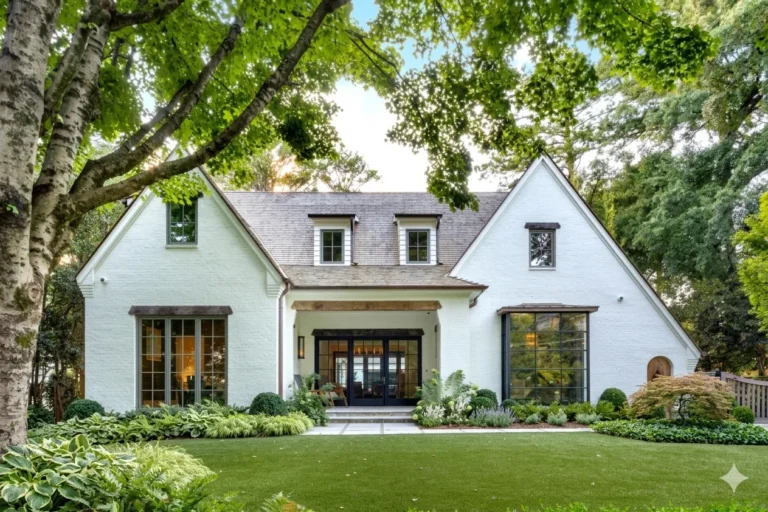A pale green cottage with steep gables and a glass front door under mature trees