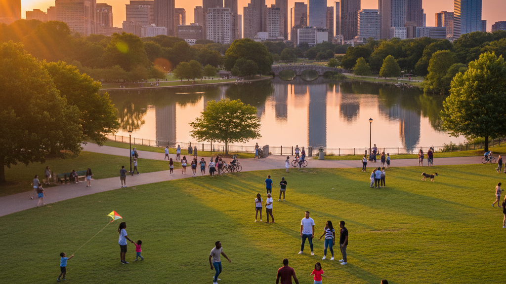 People spread across a park lawn beside a lake at golden hour, with a stone bridge and a city skyline beyond