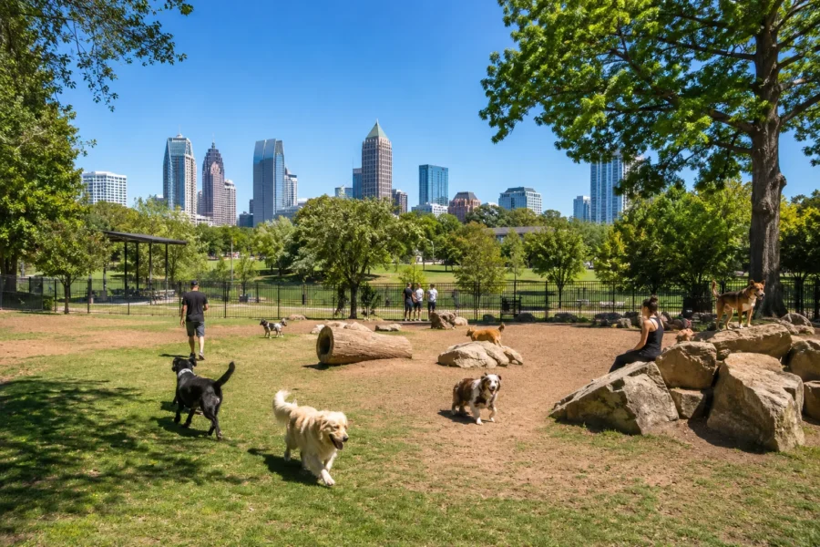 A park lawn with dogs and people and the Atlanta skyline behind