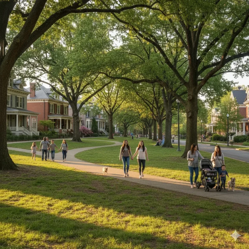 People walking and pushing strollers on a park path under mature trees