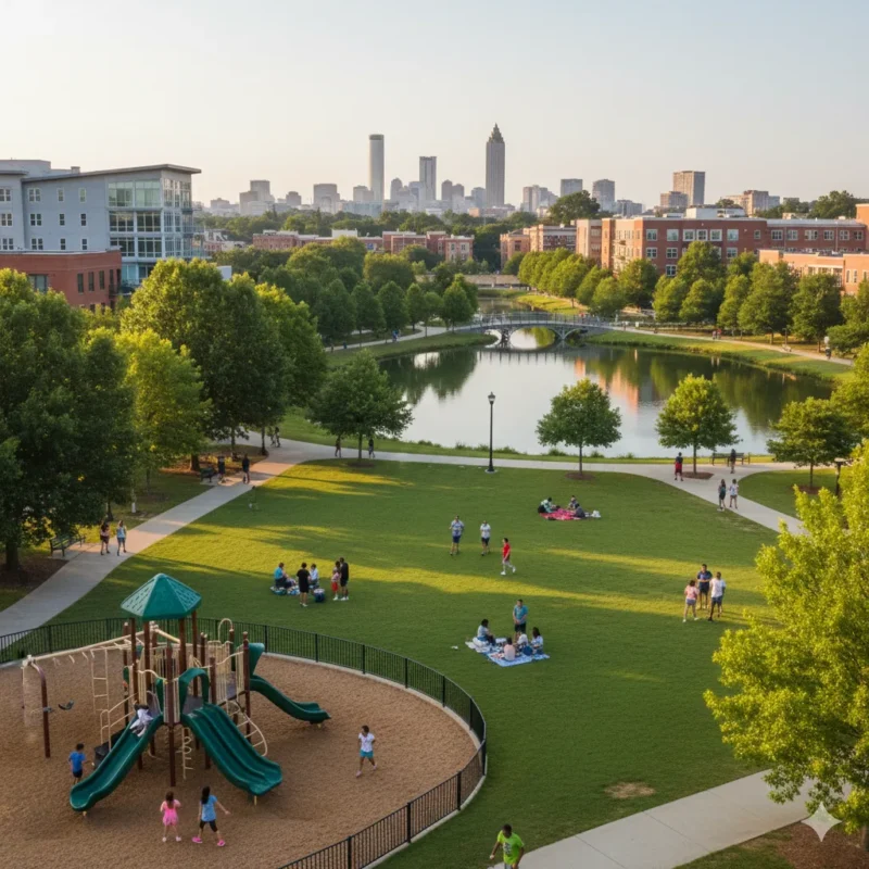 A park with a playground, an open lawn and a lake below the Atlanta skyline