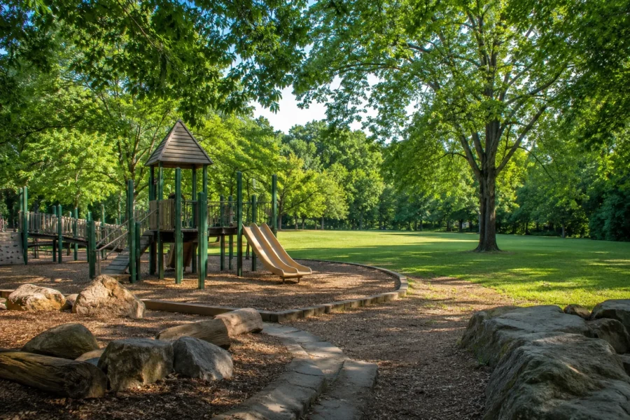 A park playground with a wooden tower and slide beside an open lawn