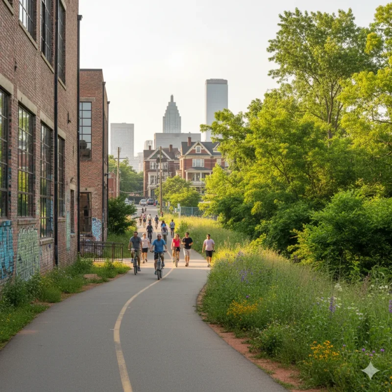 A paved trail with cyclists and walkers running toward the Atlanta skyline