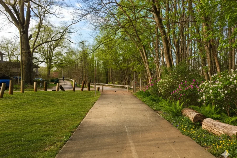 A paved trail curving into woodland past a low wooden barrier