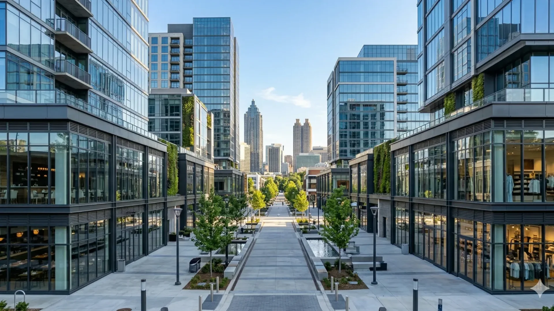 A pedestrian plaza between new glass mid-rise buildings with the skyline beyond