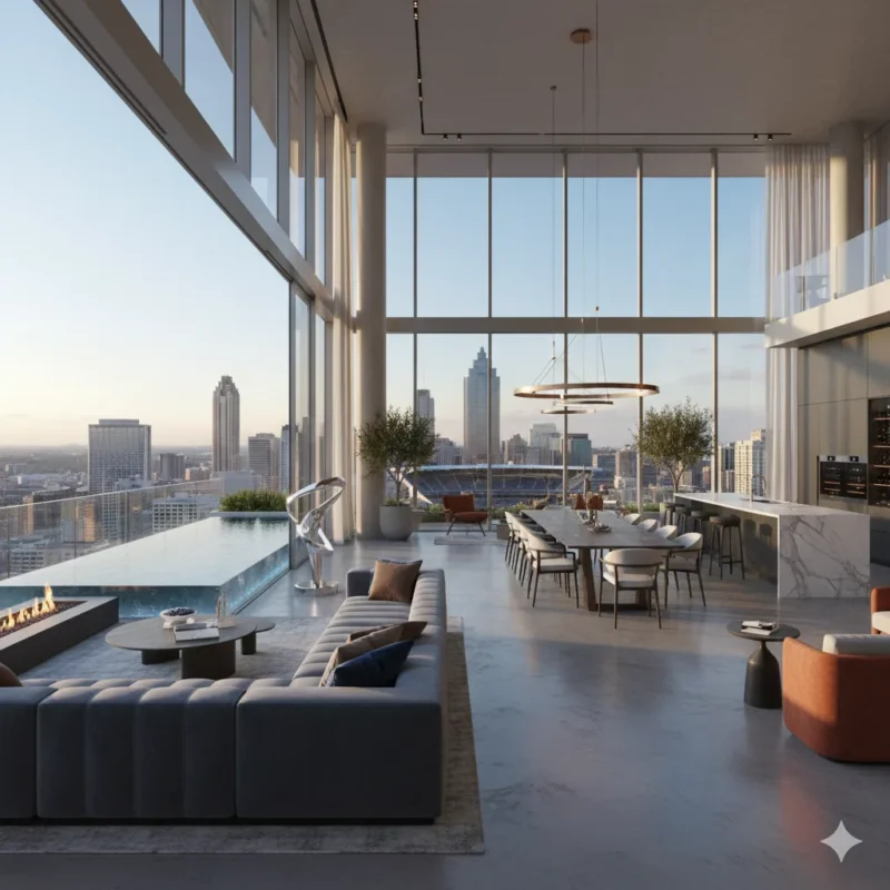A penthouse living room with floor to ceiling glass opening to a terrace pool above the city