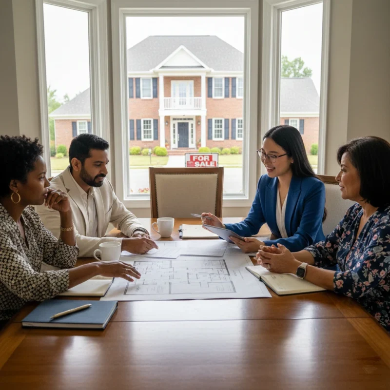 Four people seated around a conference table reviewing floor plans, with a house visible through the window behind them