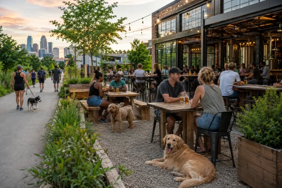 People at outdoor tables beside a paved trail with the skyline behind