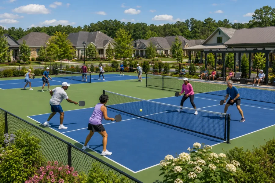 Pickleball courts in play behind a chain-link fence beside a clubhouse