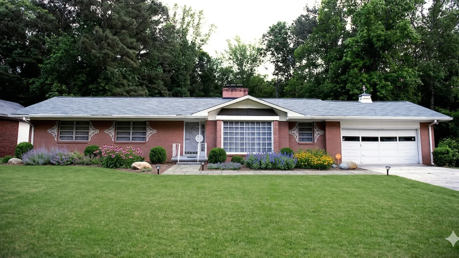 Long pink brick ranch with a low roofline and a wide level lawn