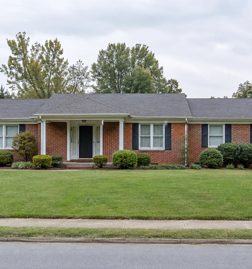 A single story red brick ranch house with dark shutters