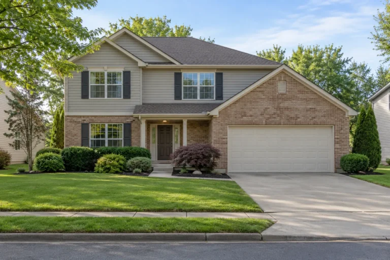 A plain mid priced two story family house in brick and siding with a two car garage, clipped shrubs and a level front lawn, seen straight on in even daylight