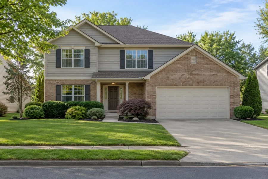 A plain mid priced two storey family house in brick and siding with a two car garage, clipped shrubs and a level front lawn, seen straight on in even daylight