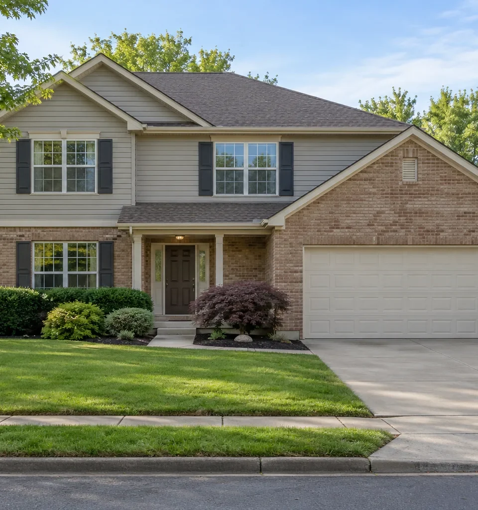 A two story family house in brick and siding