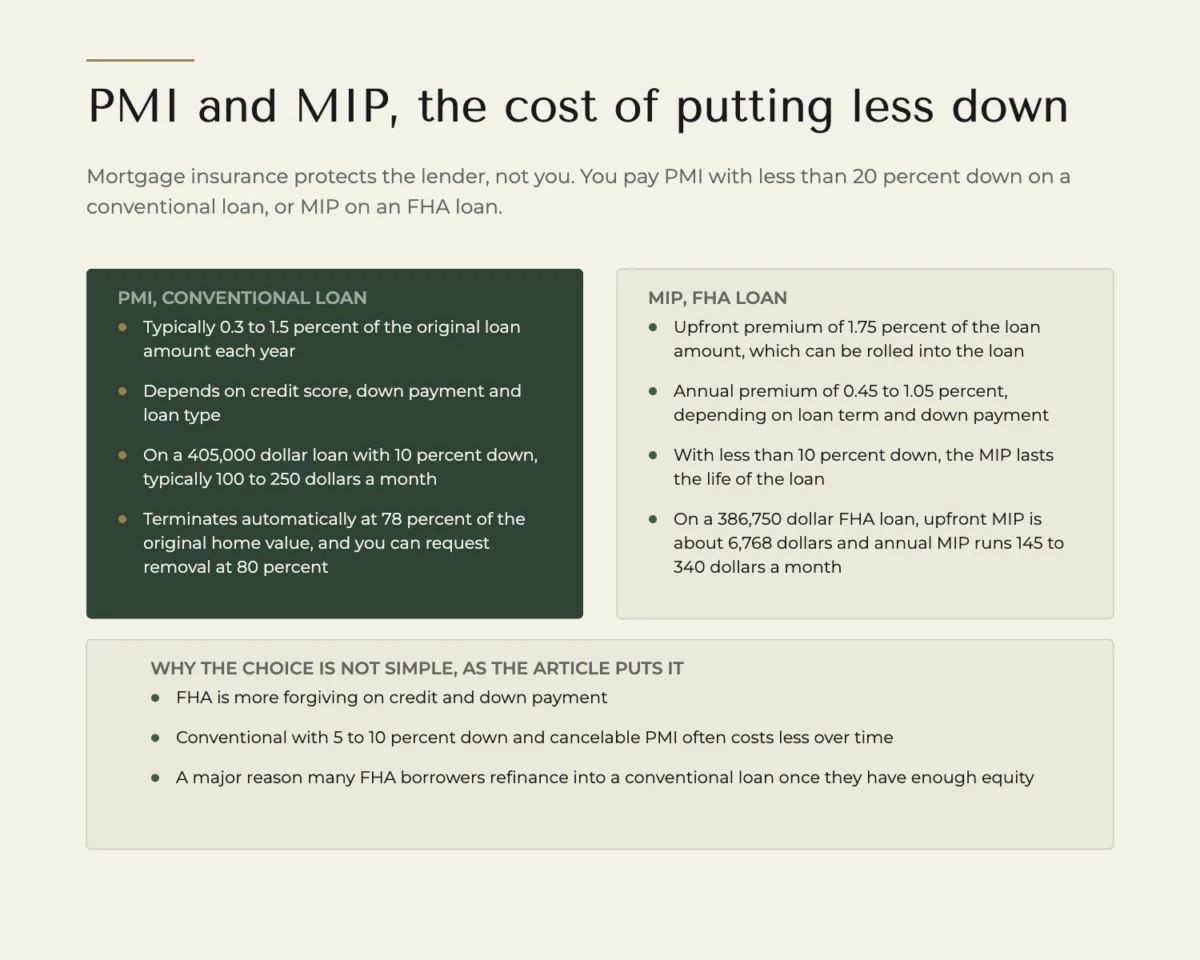 A deterministic editorial comparison of PMI on a conventional loan and MIP on an FHA loan, showing the annual cost ranges, the example monthly figures, when PMI ends and why the article says the choice between the two is not simple