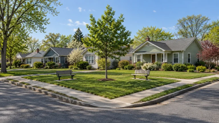 A neighbourhood street corner where a small triangular pocket park with two benches and a young oak meets a row of modest one story houses, with fresh spring foliage in clear morning light