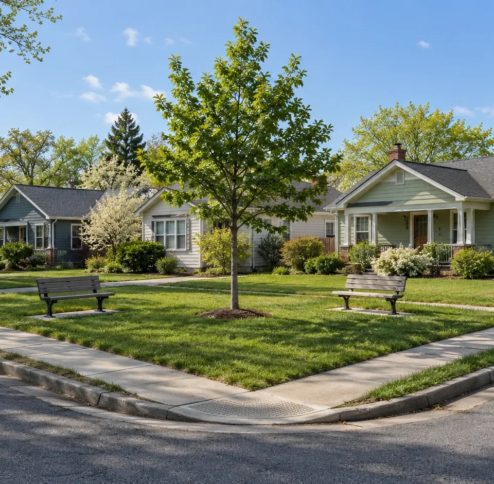 A neighborhood street corner with a small pocket park