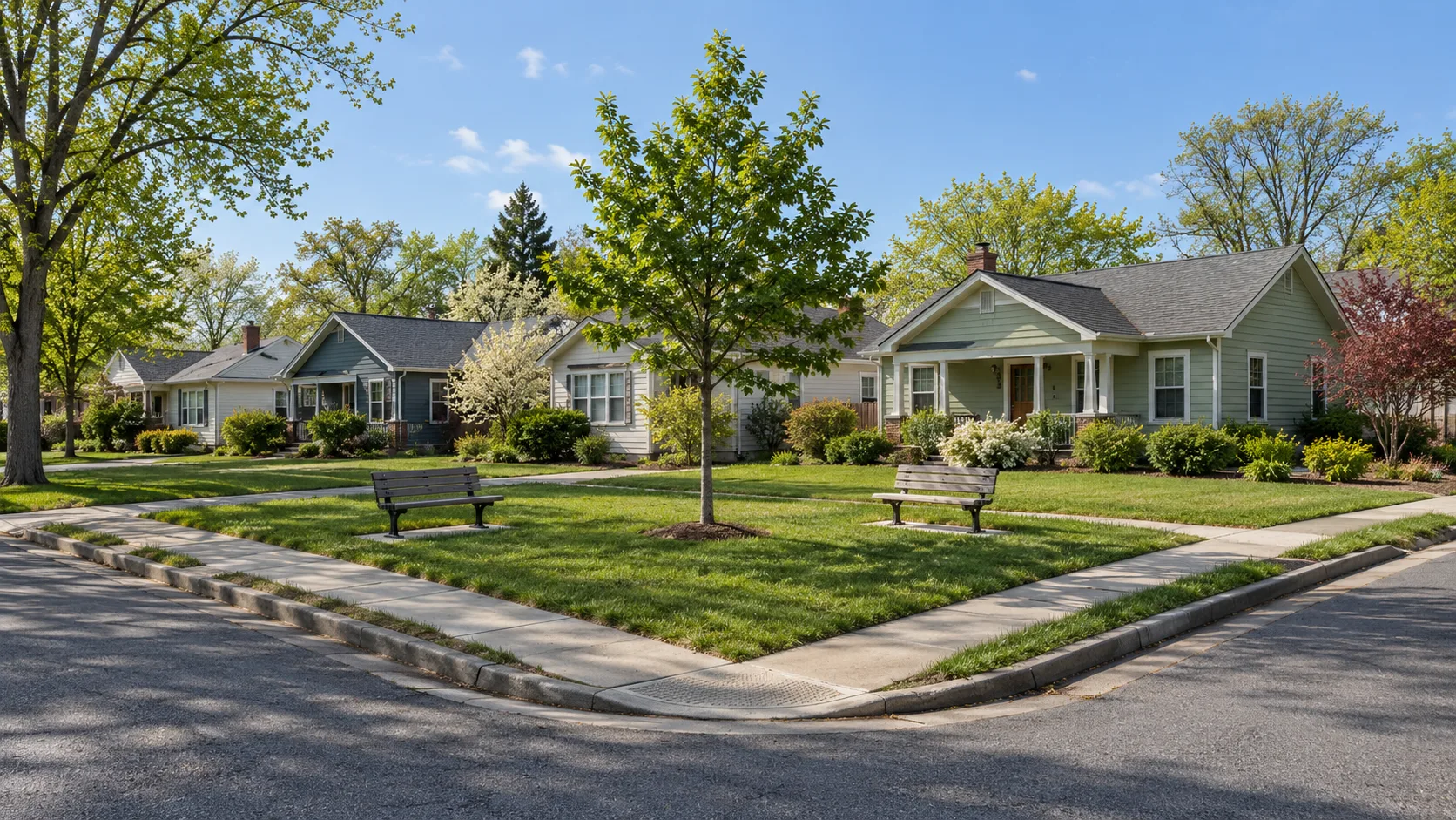 A neighbourhood street corner where a small triangular pocket park with two benches and a young oak meets a row of modest one story houses, with fresh spring foliage in clear morning light