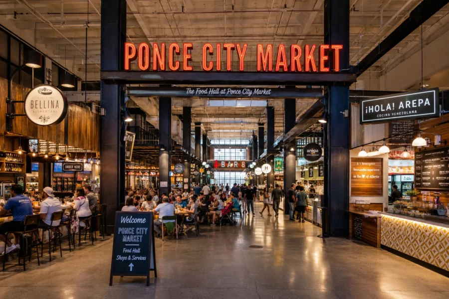 The interior food hall at Ponce City Market with people at the counters