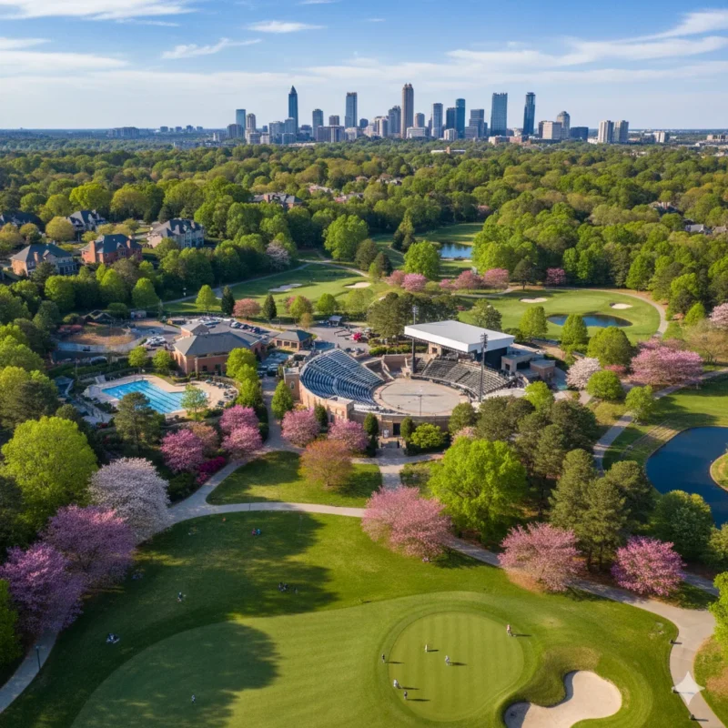 Aerial of a private golf course and clubhouse with the skyline beyond