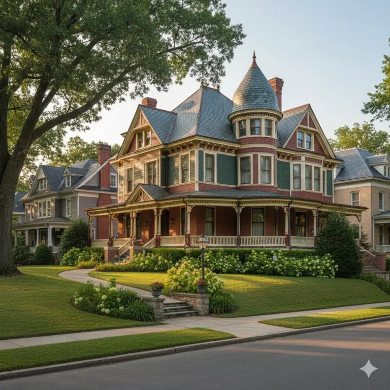 An ornate Queen Anne Victorian with a turret, a wraparound porch and decorative shingles