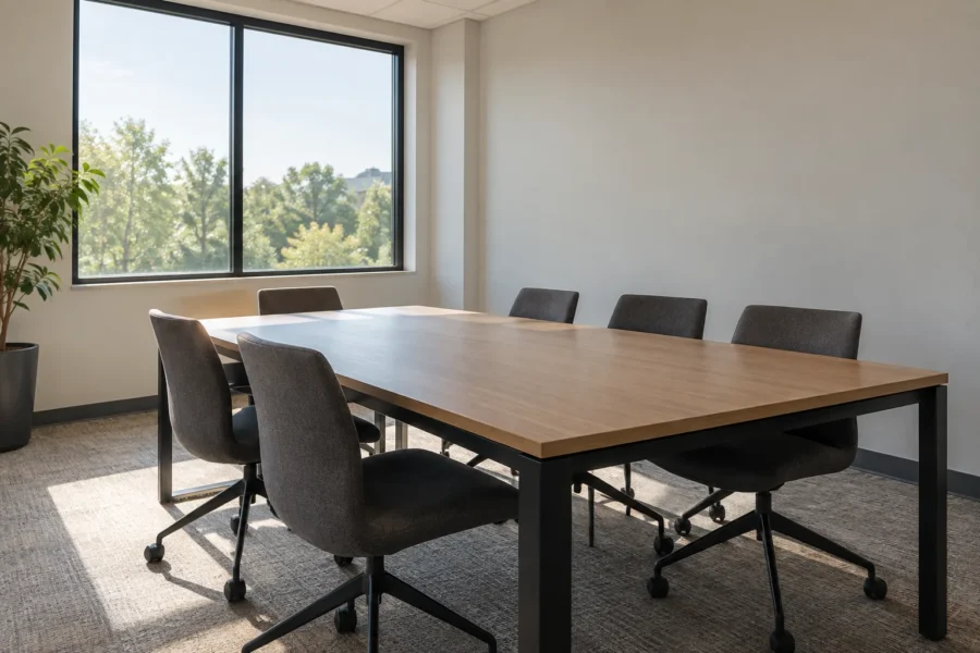 A quiet empty meeting room with a plain wooden table, dark chairs and a large window looking out onto trees