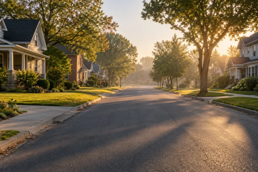 A quiet suburban street very early in the morning, with low raking sunlight, long shadows across the roadway, a little haze in the distance and houses of mixed age on both sides