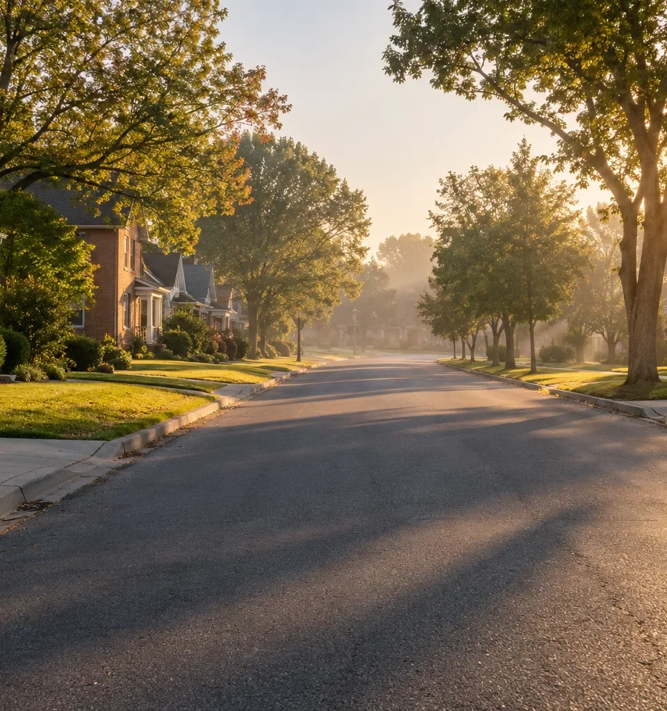 A quiet suburban street in early morning light