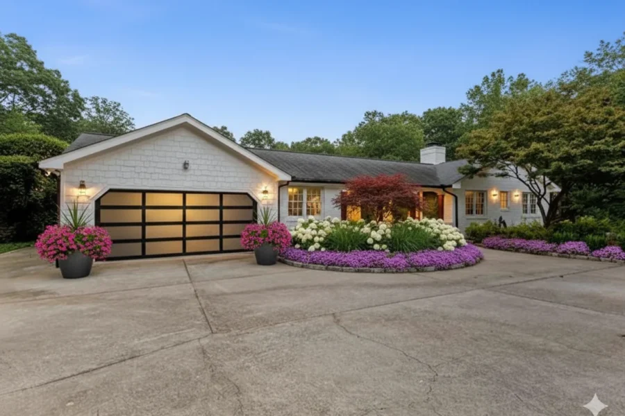 A ranch house with a glass panelled garage door above a wide concrete drive