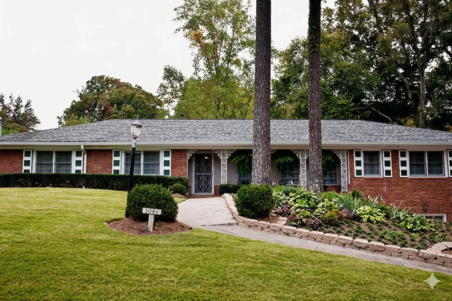 Long red brick ranch with white shutters set behind mature pines