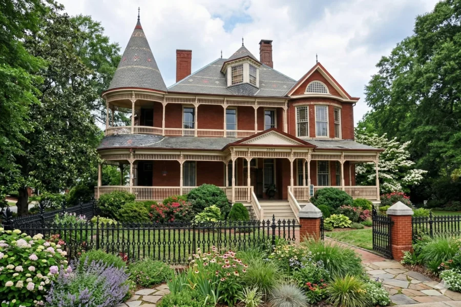 A red Queen Anne Victorian with a corner turret behind a low iron fence
