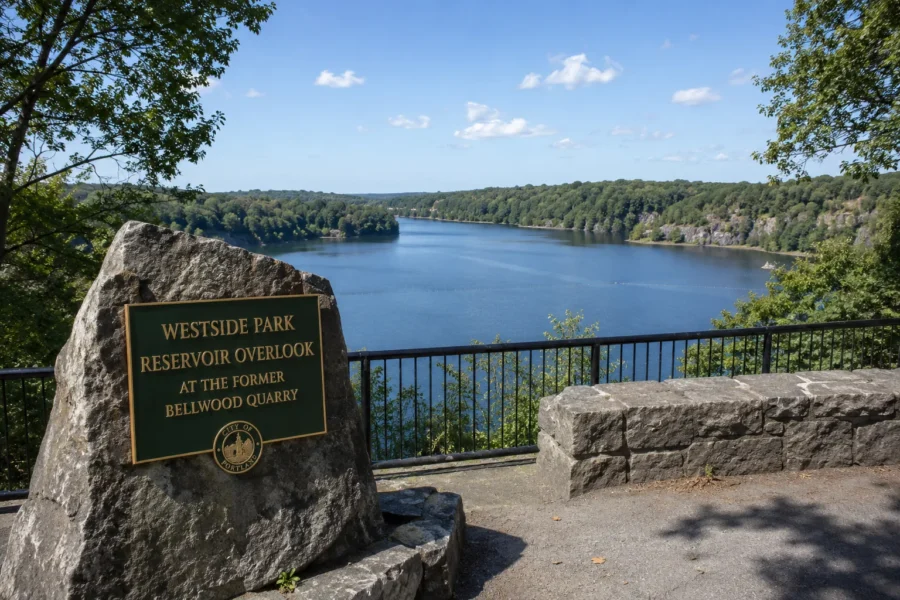 A reservoir overlook with a stone marker above the water