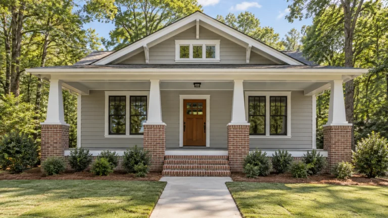 A restored craftsman bungalow seen straight on from the front walk, with soft grey paint, white trim, tapered porch columns on brick piers, a deep shaded porch and a small tidy front yard in bright midday light