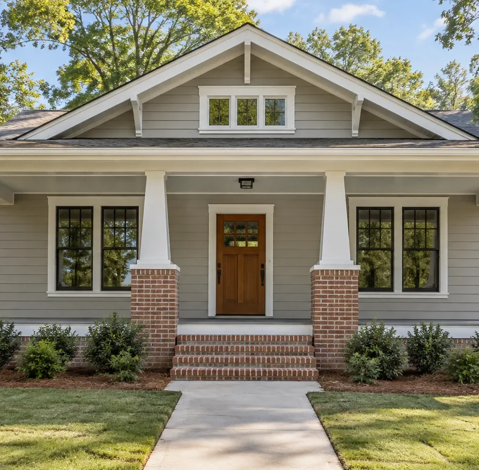 A restored Craftsman bungalow seen from the front walk