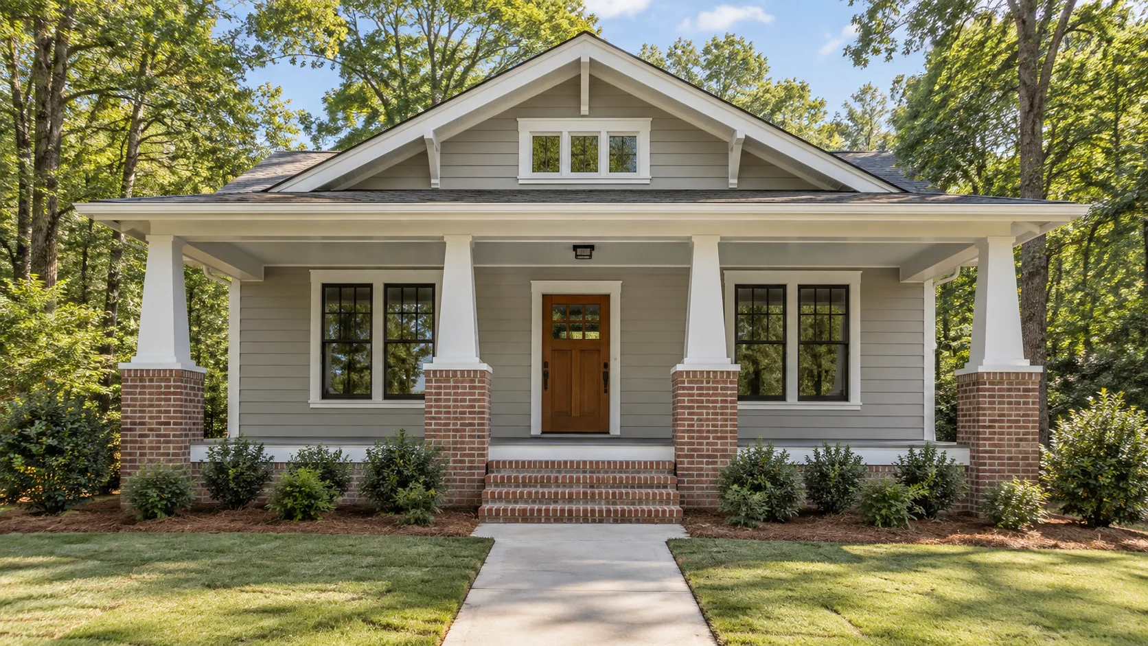 A restored craftsman bungalow seen straight on from the front walk, with soft grey paint, white trim, tapered porch columns on brick piers, a deep shaded porch and a small tidy front yard in bright midday light