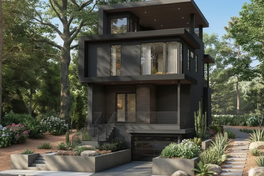 Dark-clad modern three-story with a cantilevered upper floor