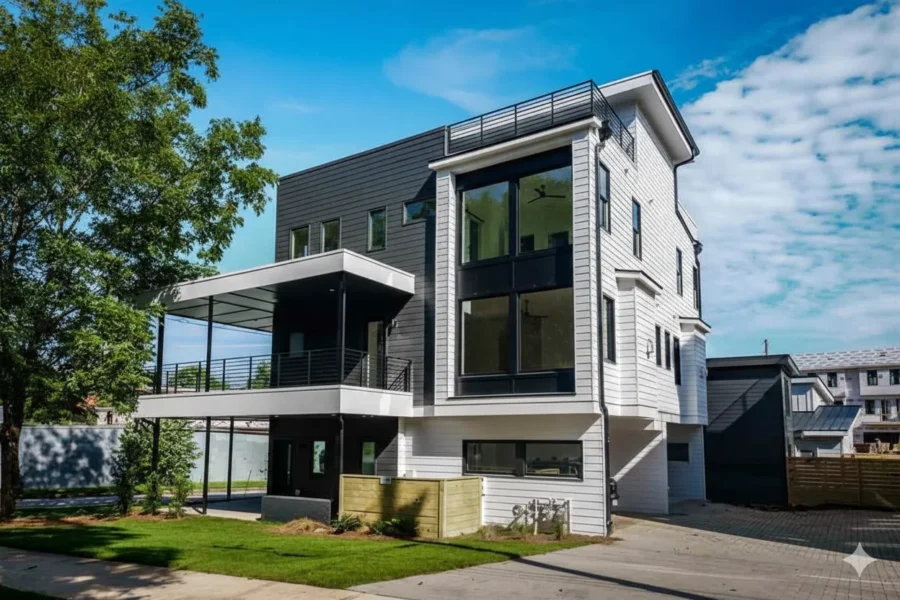 White and dark modern three-story with a roof deck on a tight lot