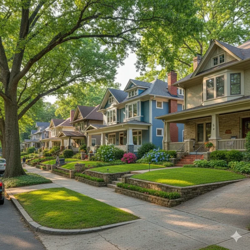 A row of colourful Victorian and Craftsman houses along a tree-shaded street