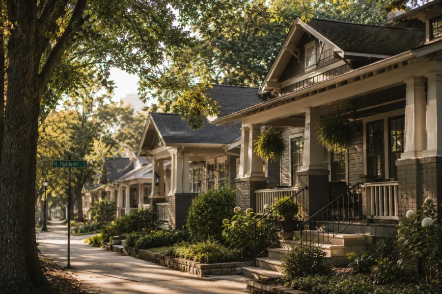 A row of Craftsman bungalows with deep porches along a tree-lined street