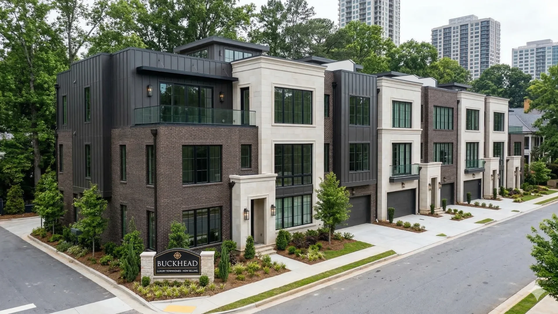 A row of modern townhomes on a corner with mid-rise towers behind