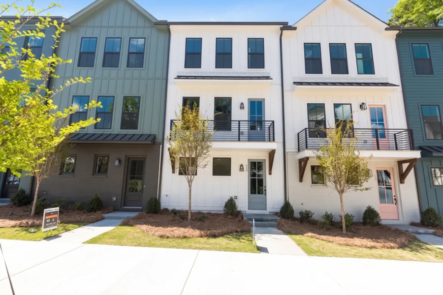 A row of new white and grey townhomes with balconies and young street trees