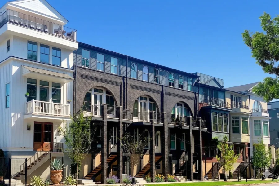 A row of tall modern townhomes with stacked balconies along a street
