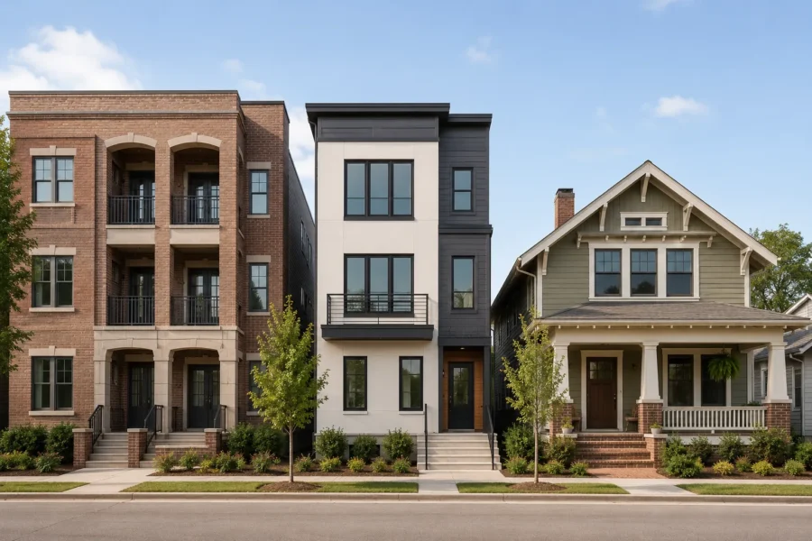 A brick townhouse, a modern house and a Craftsman bungalow standing side by side on one street