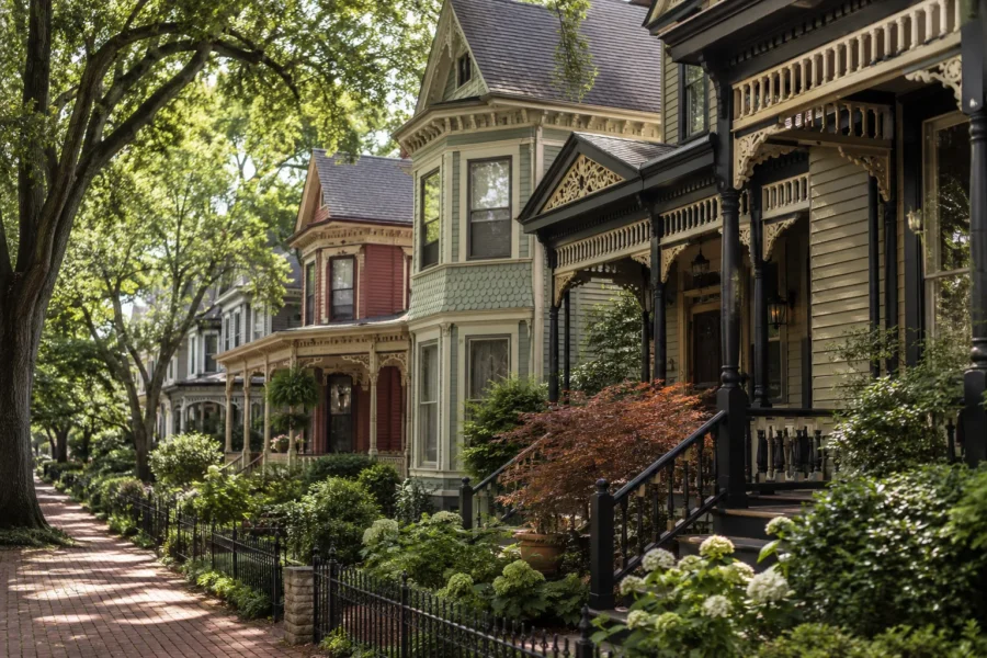 A row of Victorian houses with deep porches along a shaded street