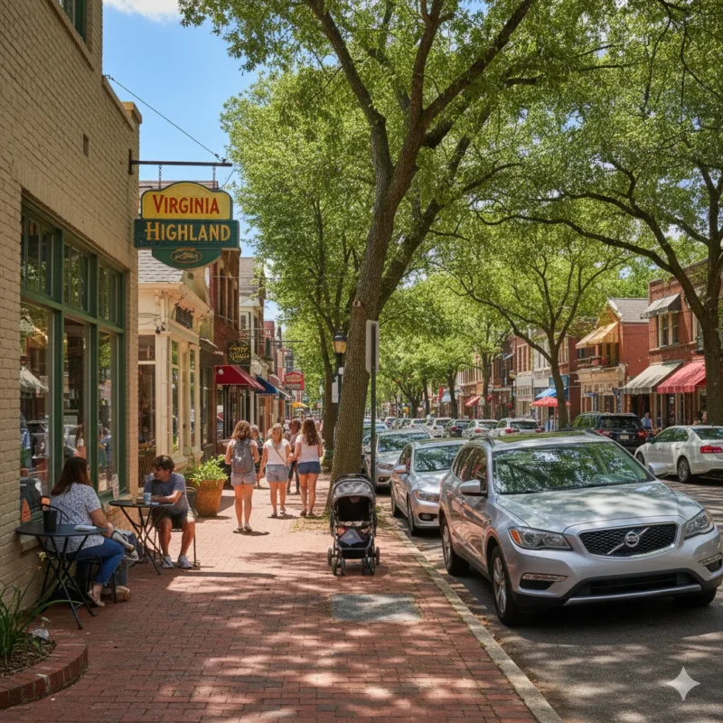 A shaded commercial street with pavement cafe tables, shopfronts and parked cars