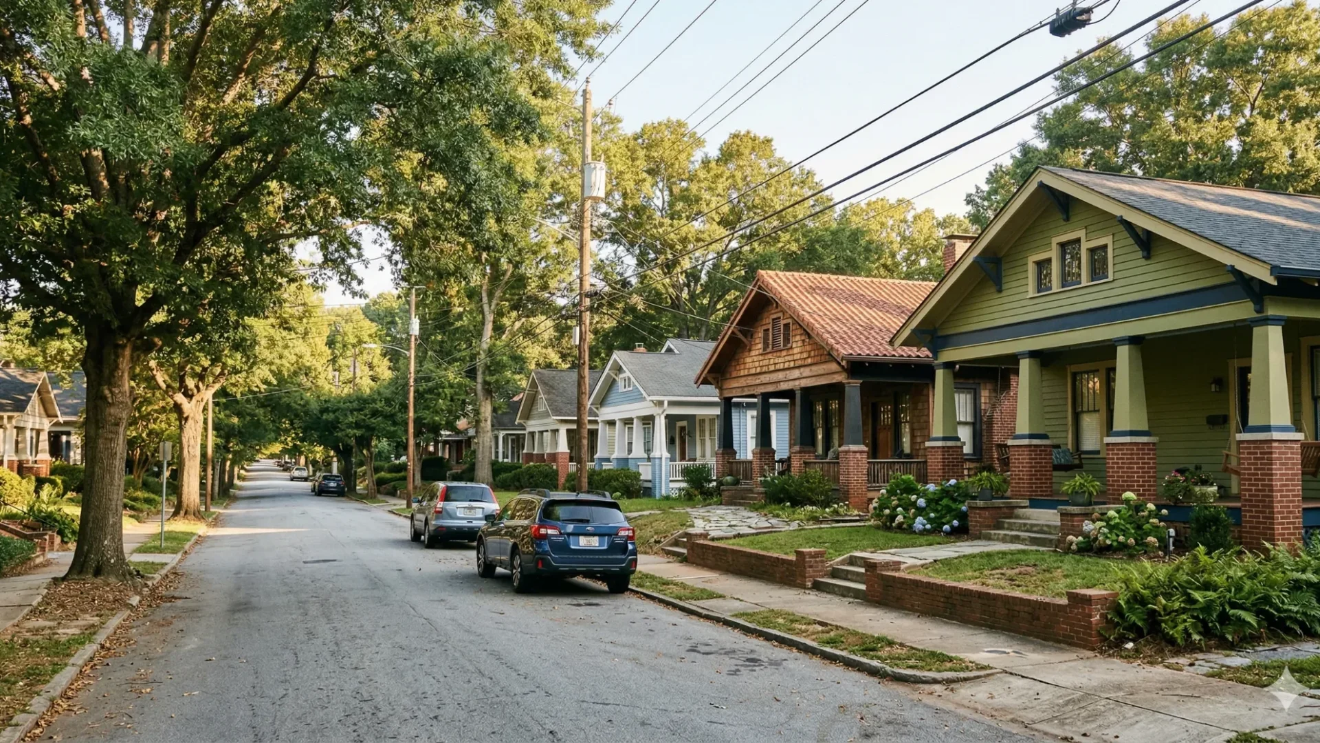 A shaded residential street of bungalows with cars parked along the kerb